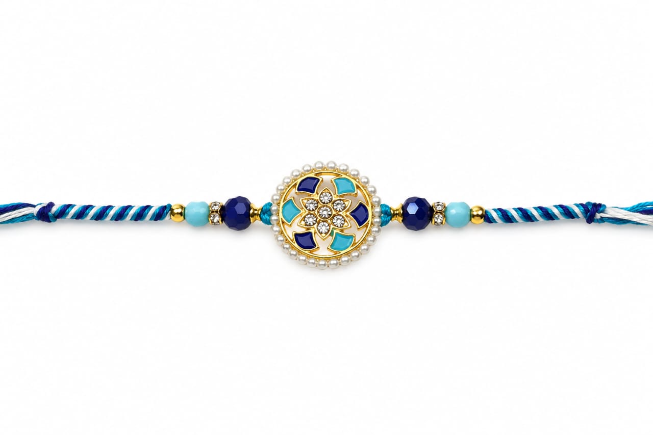 Crystal Floral Rakhi Pearl Border Designer Rakhi Blue Gold Standard Size