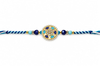 Crystal Floral Rakhi Pearl Border Designer Rakhi Blue Gold Standard Size