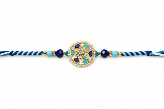 Crystal Floral Rakhi Pearl Border Designer Rakhi Blue Gold Standard Size