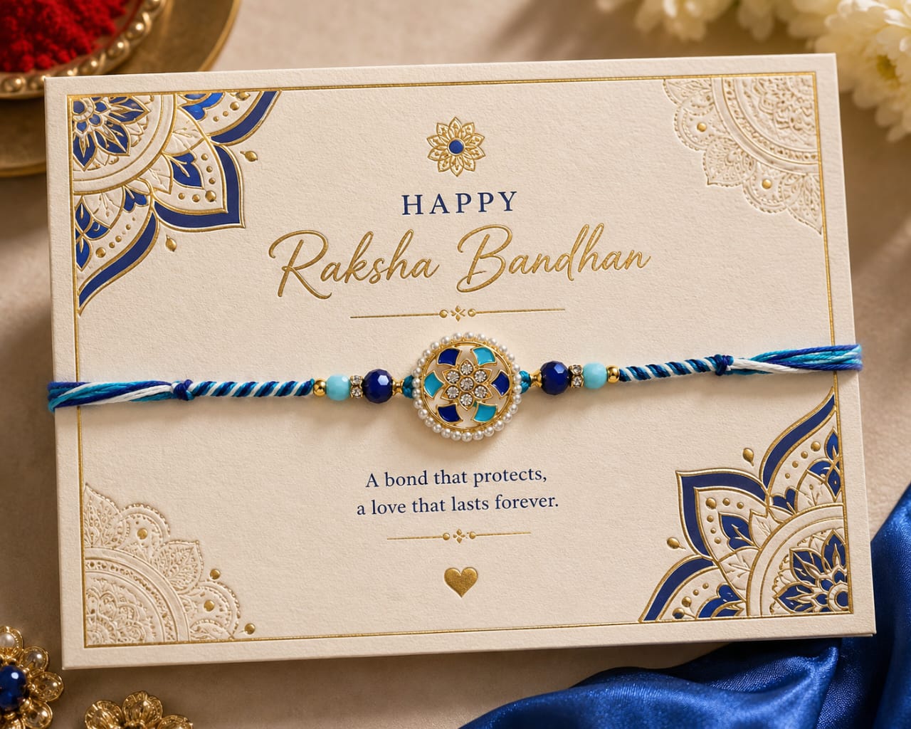 Crystal Floral Rakhi Pearl Border Designer Rakhi Blue Gold Standard Size