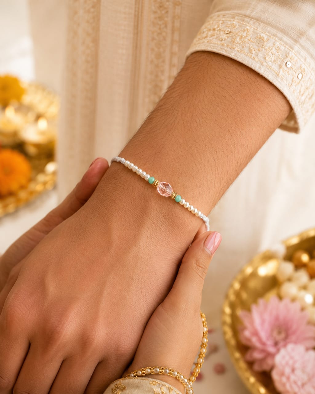 Crystal Pearl Rakhi Pink Faceted Bead Designer Rakhi White Thread Standard Size