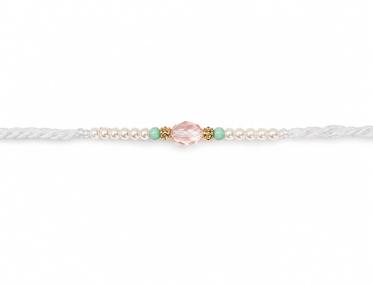 Crystal Pearl Rakhi Pink Faceted Bead Designer Rakhi White Thread Standard Size