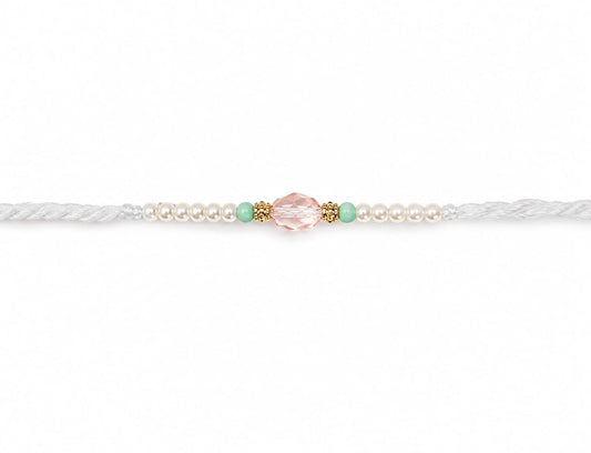 Crystal Pearl Rakhi Pink Faceted Bead Designer Rakhi White Thread Standard Size