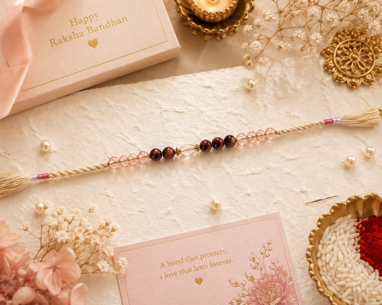 Crystal Beaded Rakhi Glass Bead Designer Rakhi Cream Thread Standard Size