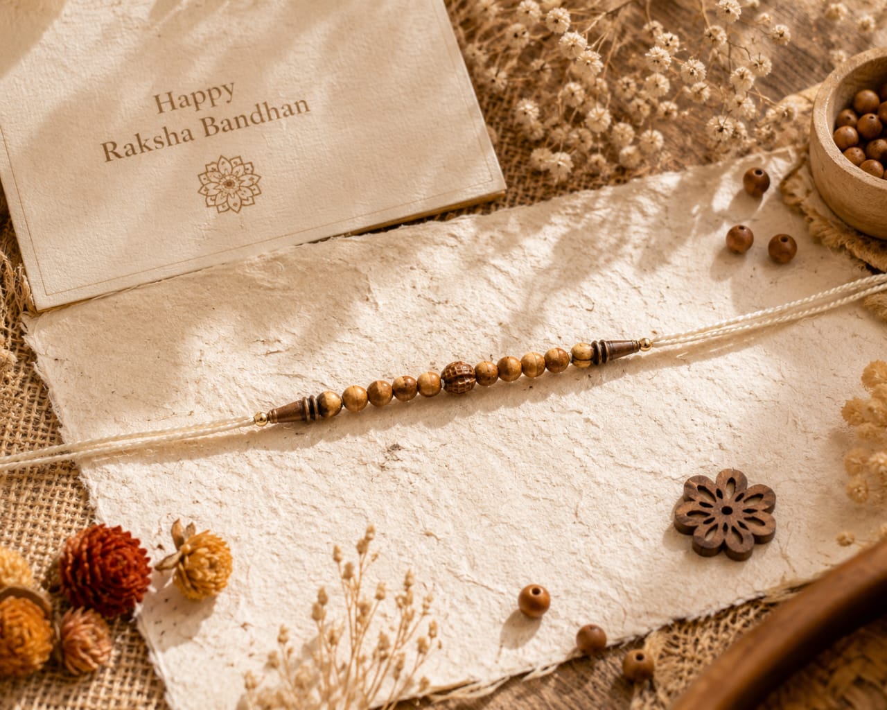 Wooden Bead Rakhi Natural Brown Designer Rakhi White Thread Standard Size