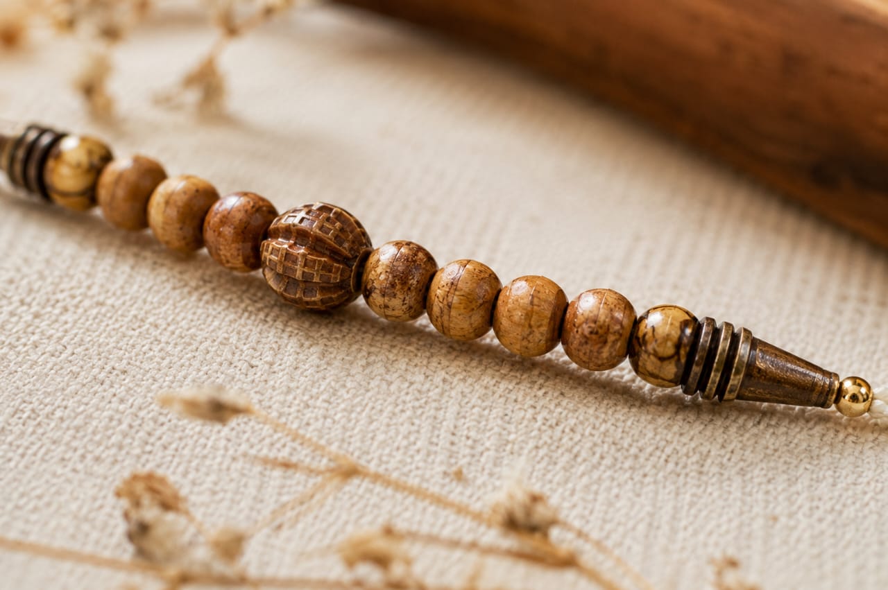 Wooden Bead Rakhi Natural Brown Designer Rakhi White Thread Standard Size