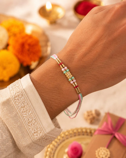 Crystal Beaded Rakhi Gold Tone Designer Rakhi Multicolor Thread Standard Size