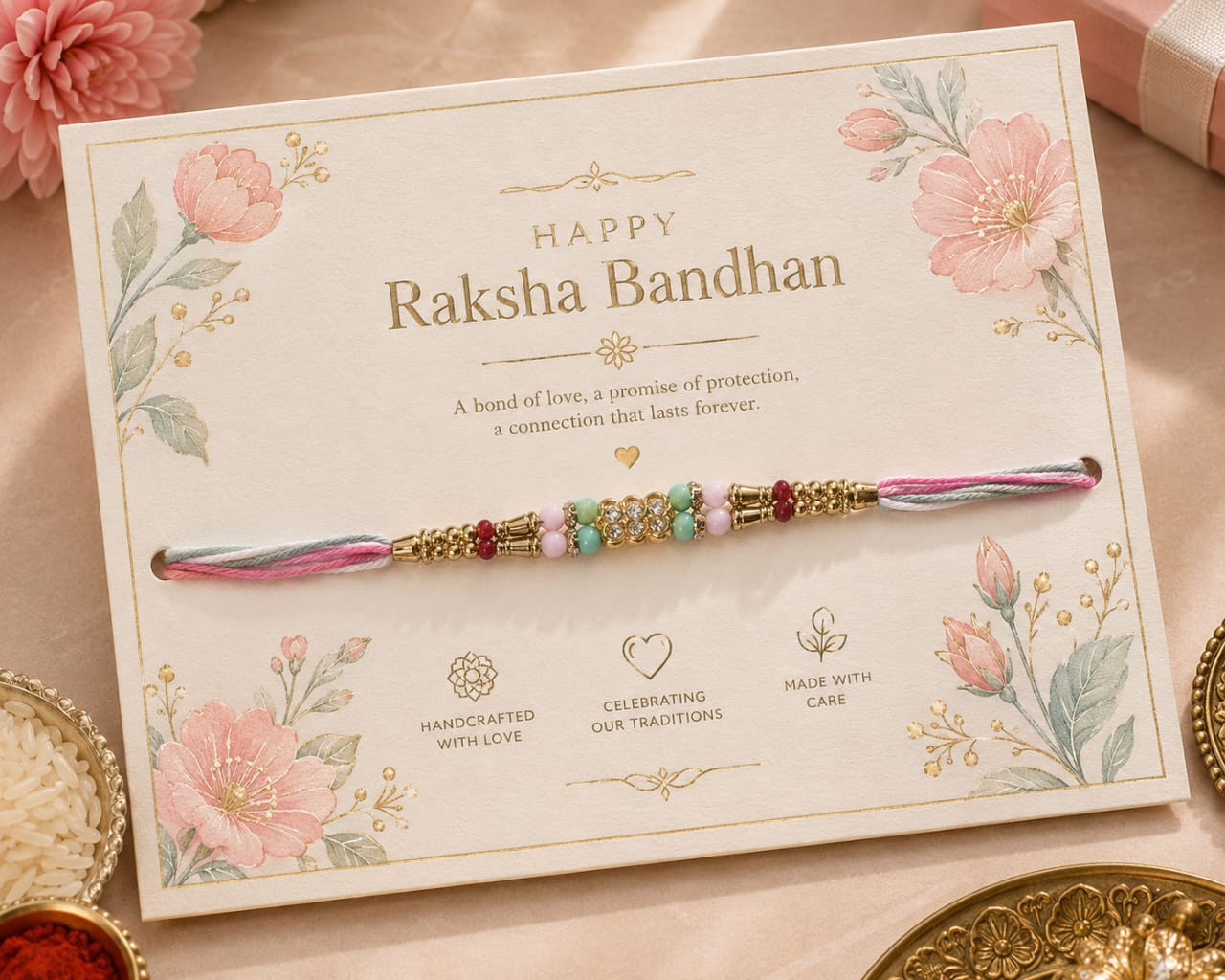 Crystal Beaded Rakhi Gold Tone Designer Rakhi Multicolor Thread Standard Size