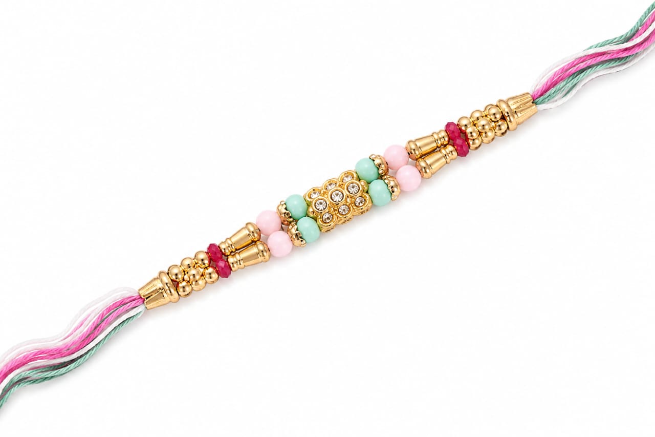 Crystal Beaded Rakhi Gold Tone Designer Rakhi Multicolor Thread Standard Size
