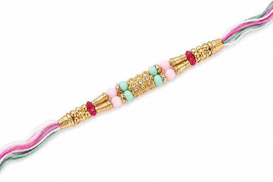 Crystal Beaded Rakhi Gold Tone Designer Rakhi Multicolor Thread Standard Size