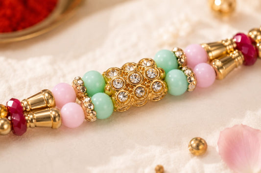 Crystal Beaded Rakhi Gold Tone Designer Rakhi Multicolor Thread Standard Size