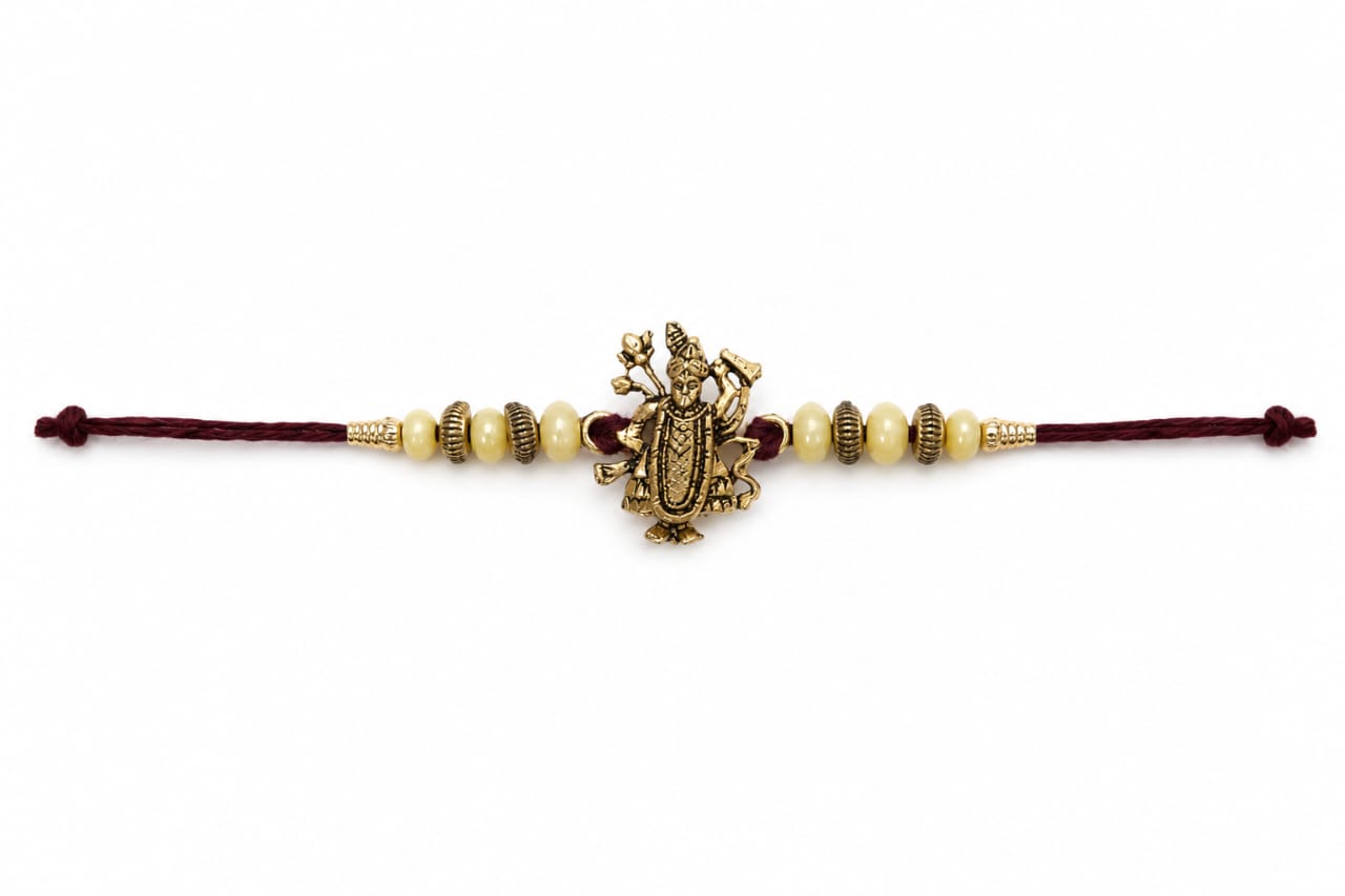 Maa Durga Rakhi Antique Gold Finish Beaded Rakhi Maroon Thread