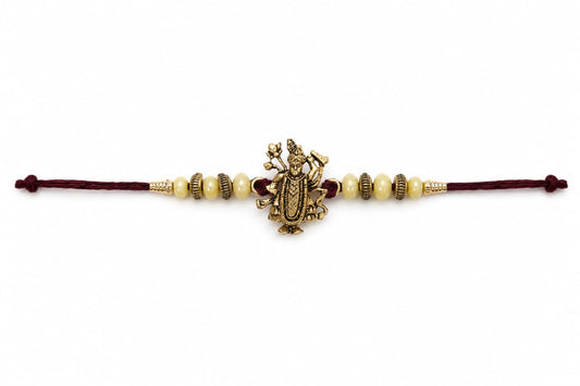 Maa Durga Rakhi Antique Gold Finish Beaded Rakhi Maroon Thread