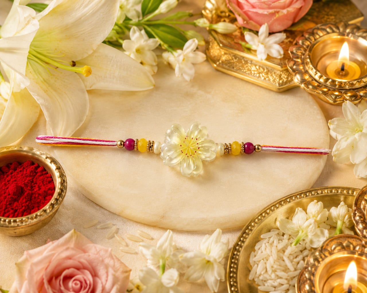 Flower Designer Rakhi Crystal Flower Beaded Rakhi Multicolor Standard Size