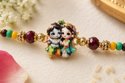 Radha Krishna Rakhi Colorful Beaded Designer Rakhi Multicolor Standard Size