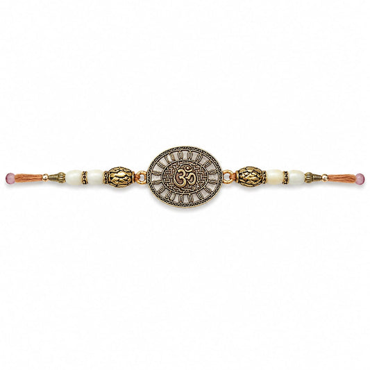 Om Symbol Rakhi Antique Metal Beaded Raksha Bandhan Rakhi Golden