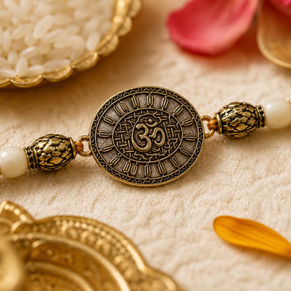 Om Symbol Rakhi Antique Metal Beaded Raksha Bandhan Rakhi Golden