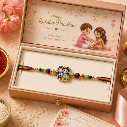 Radha Krishna Rakhi Colorful Beaded Designer Rakhi Multicolor Standard Size