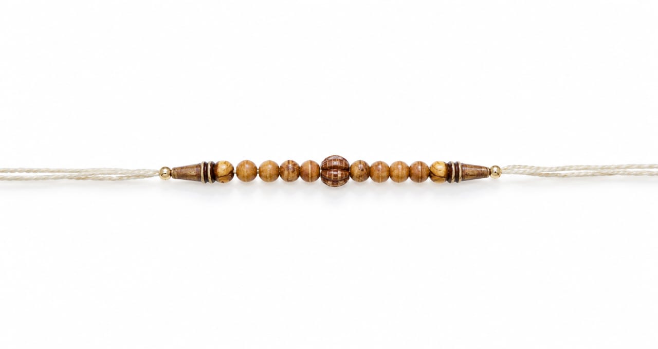 Wooden Bead Rakhi Natural Brown Designer Rakhi White Thread Standard Size
