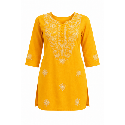 Qaba Women's Embroidered Short Kurti Top with Floral Thread Work & 3/4 Sleeve | Yellow